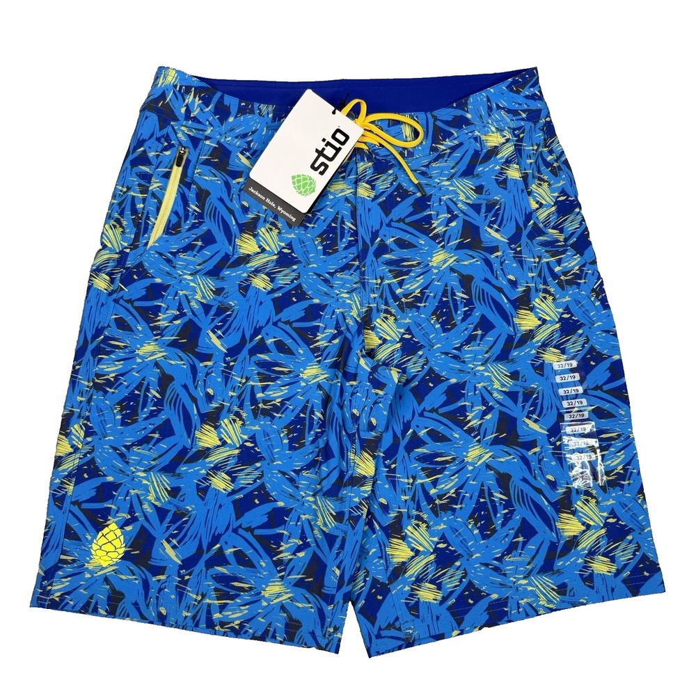 Stio CFS Board Short Mens 32 Blue Floral 19" Swim Surf Stretch Quick Dry UPF New